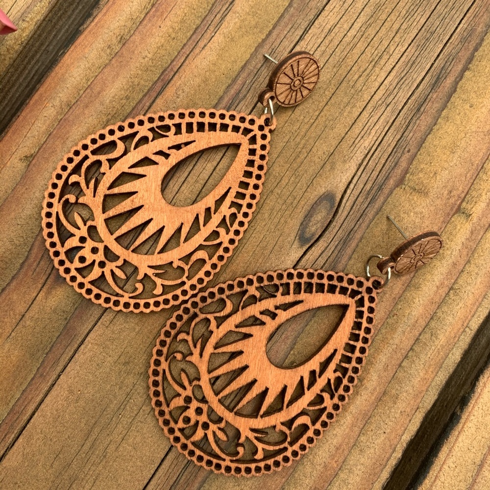 Natural Wooden Teardrop Earrings With Gift Bag - Picture 7 of 8
